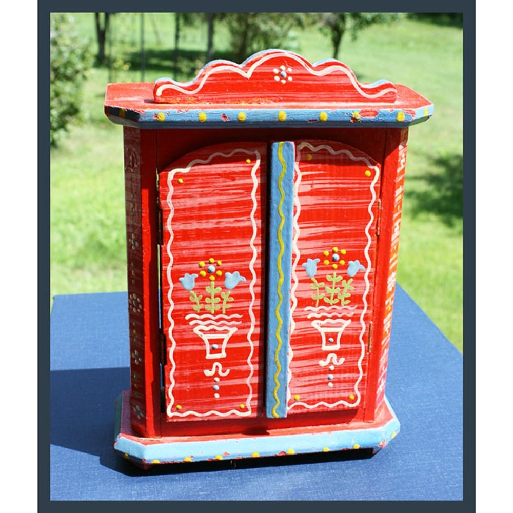 vintage German dollhouse miniature hand-painted wooden cabinet with shelves